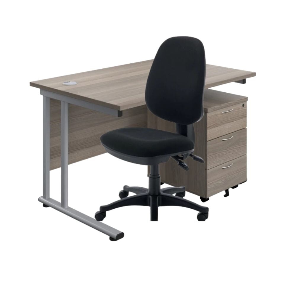 Rectangular Desk & 3 Drawer Pedestal & Chair Bundle Desks TC Group Grey Oak 1200mm x 800mm