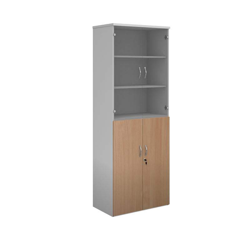 Duo combination unit with glass upper doors 2140mm high with 5 shelves Wooden Storage Dams White/Beech