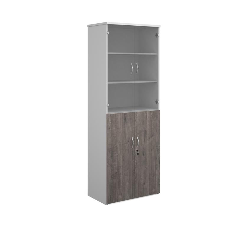 Duo combination unit with glass upper doors 2140mm high with 5 shelves Wooden Storage Dams White/Grey Oak