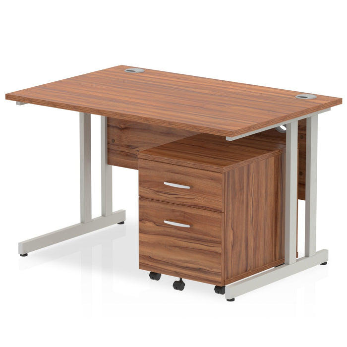 Impulse 1200mm Cantilever Straight Desk With Mobile Pedestal Workstations Dynamic Office Solutions Walnut 2 Drawer Silver