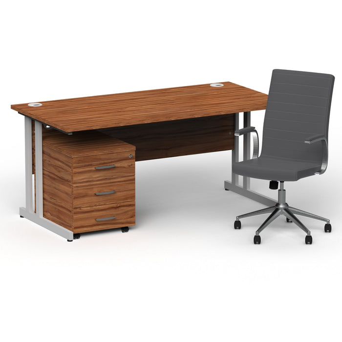 Impulse 1600mm Cantilever Straight Desk With Mobile Pedestal and Ezra Grey Executive Chair Impulse Bundles Dynamic Office Solutions Walnut Silver 3
