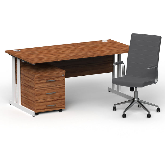 Impulse 1600mm Cantilever Straight Desk With Mobile Pedestal and Ezra Grey Executive Chair Impulse Bundles Dynamic Office Solutions Walnut White 3