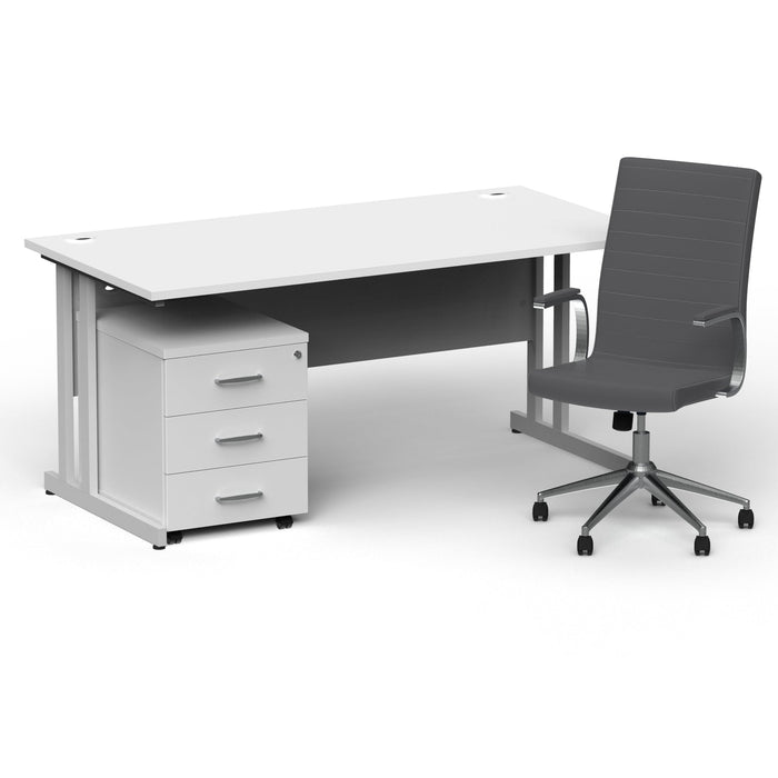 Impulse 1600mm Cantilever Straight Desk With Mobile Pedestal and Ezra Grey Executive Chair Impulse Bundles Dynamic Office Solutions White Silver 3