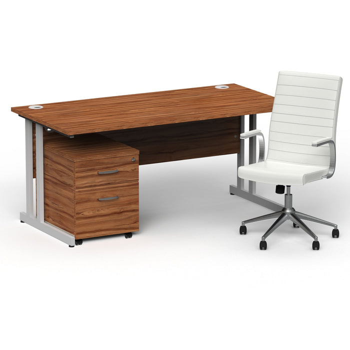 Impulse 1600mm Cantilever Straight Desk With Mobile Pedestal and Ezra White Executive Chair Impulse Bundles Dynamic Office Solutions Walnut Silver 2
