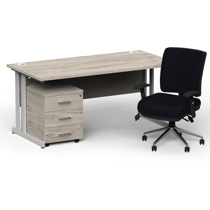 Impulse 1800mm Cantilever Straight Desk With Mobile Pedestal and Chiro Medium Back Black Operator Chair Impulse Bundles Dynamic Office Solutions Grey Oak Silver 3