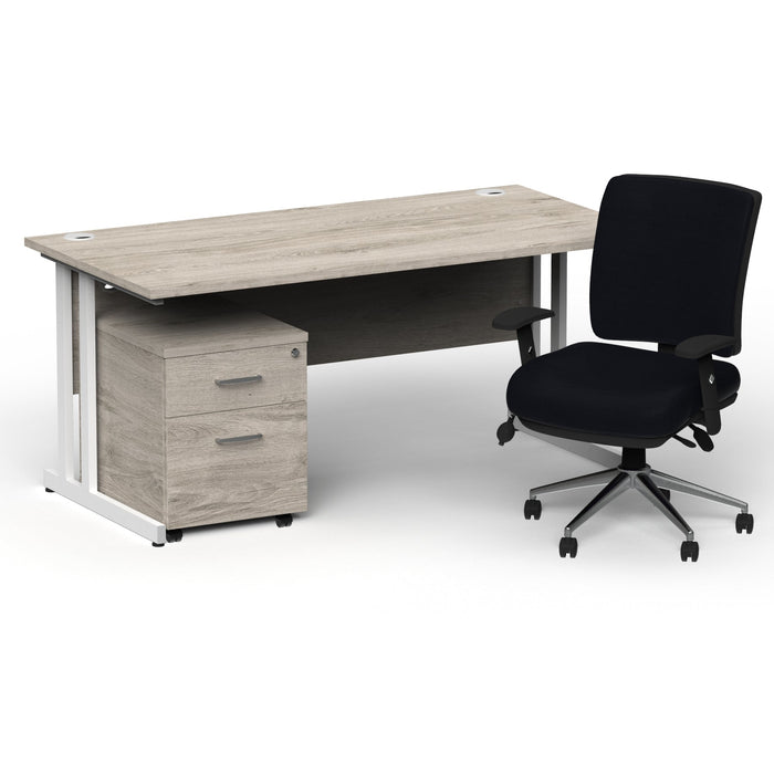 Impulse 1800mm Cantilever Straight Desk With Mobile Pedestal and Chiro Medium Back Black Operator Chair Impulse Bundles Dynamic Office Solutions Grey Oak White 2