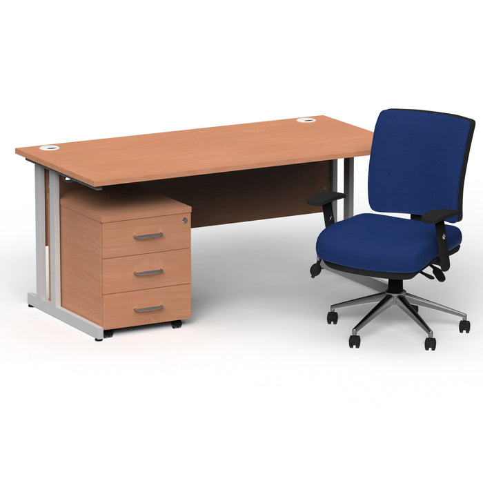 Impulse 1800mm Cantilever Straight Desk With Mobile Pedestal and Chiro Medium Back Blue Operator Chair Impulse Bundles Dynamic Office Solutions Beech Silver 3