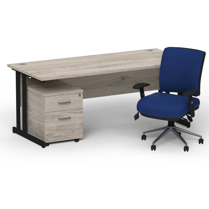 Impulse 1800mm Cantilever Straight Desk With Mobile Pedestal and Chiro Medium Back Blue Operator Chair Impulse Bundles Dynamic Office Solutions Grey Oak Black 2