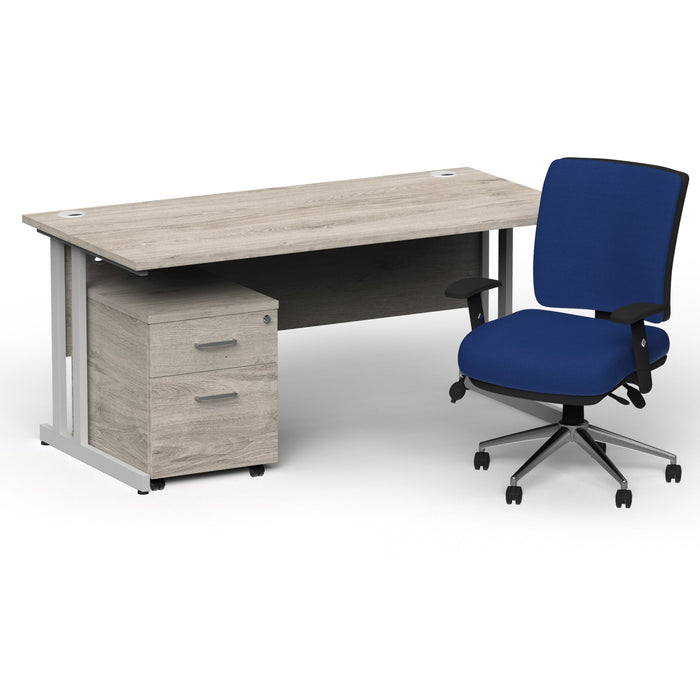 Impulse 1800mm Cantilever Straight Desk With Mobile Pedestal and Chiro Medium Back Blue Operator Chair Impulse Bundles Dynamic Office Solutions Grey Oak Silver 2