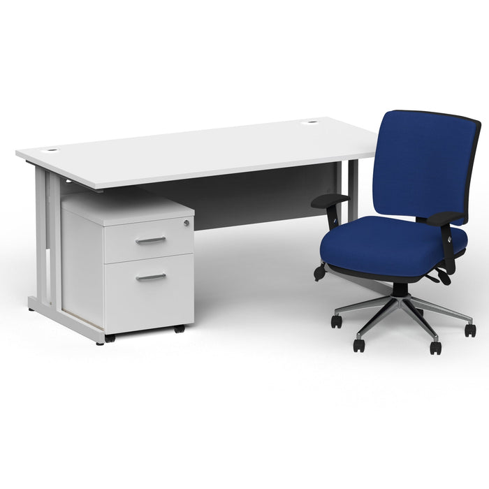 Impulse 1800mm Cantilever Straight Desk With Mobile Pedestal and Chiro Medium Back Blue Operator Chair Impulse Bundles Dynamic Office Solutions White Silver 2