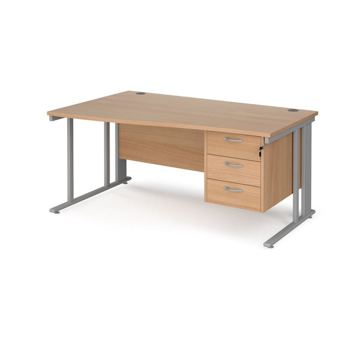 Maestro 25 cable managed leg left hand wave office desk with 3 drawer pedestal Desking Dams Beech Silver 1600mm x 800-990mm