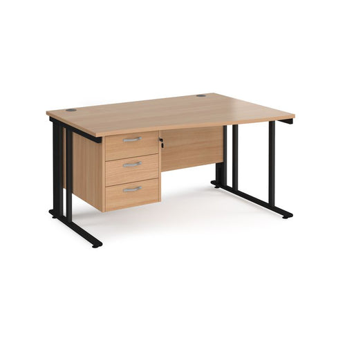 Maestro 25 cable managed leg right hand wave office desk with 3 drawer pedestal Desking Dams Beech Black 1400mm x 800-990mm