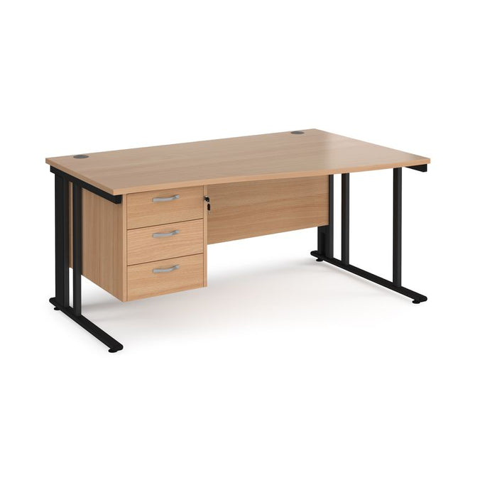 Maestro 25 cable managed leg right hand wave office desk with 3 drawer pedestal Desking Dams Beech Black 1600mm x 800-990mm