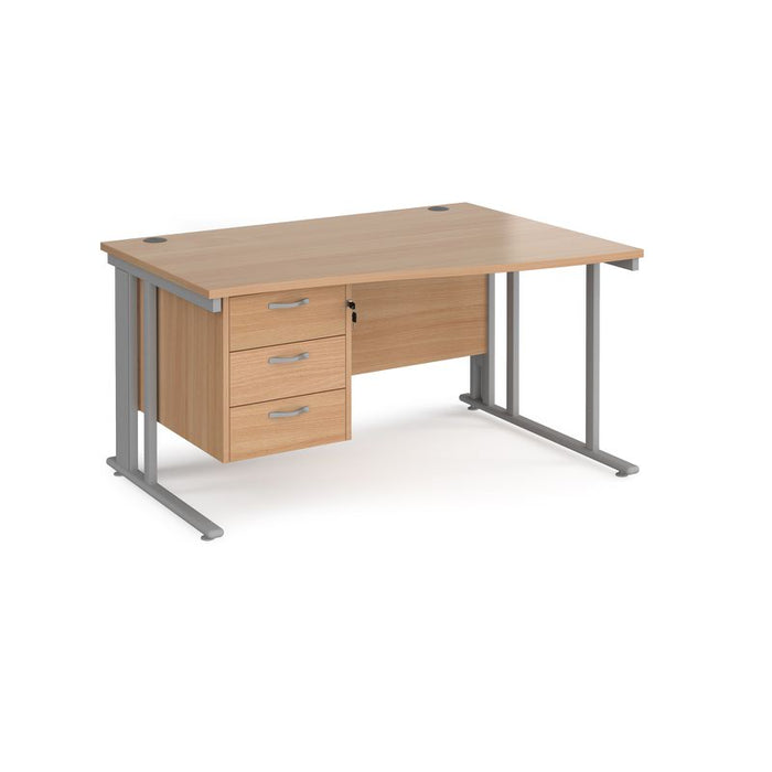 Maestro 25 cable managed leg right hand wave office desk with 3 drawer pedestal Desking Dams Beech Silver 1400mm x 800-990mm