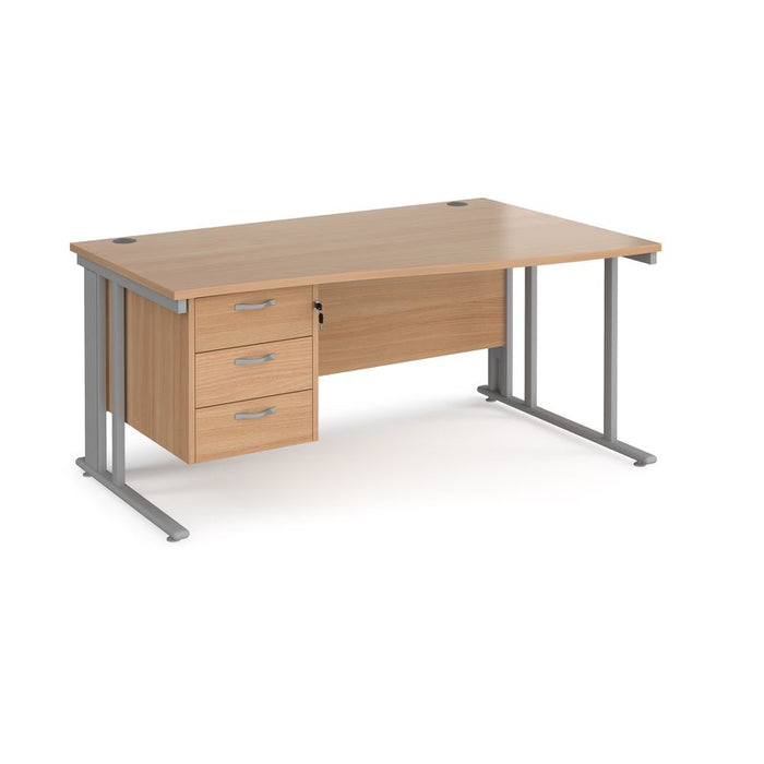 Maestro 25 cable managed leg right hand wave office desk with 3 drawer pedestal Desking Dams Beech Silver 1600mm x 800-990mm