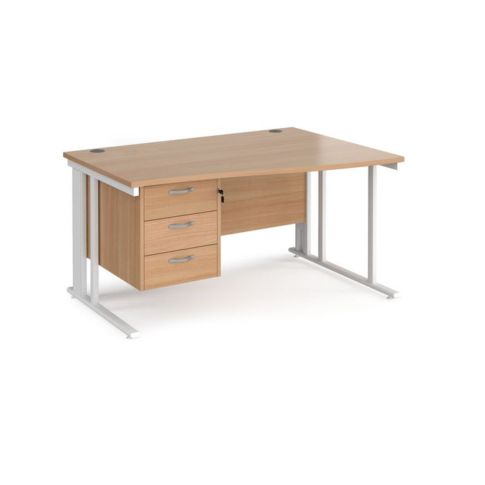 Maestro 25 cable managed leg right hand wave office desk with 3 drawer pedestal Desking Dams Beech White 1400mm x 800-990mm