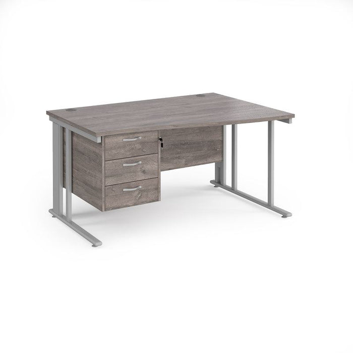 Maestro 25 cable managed leg right hand wave office desk with 3 drawer pedestal Desking Dams Grey Oak Silver 1400mm x 800-990mm