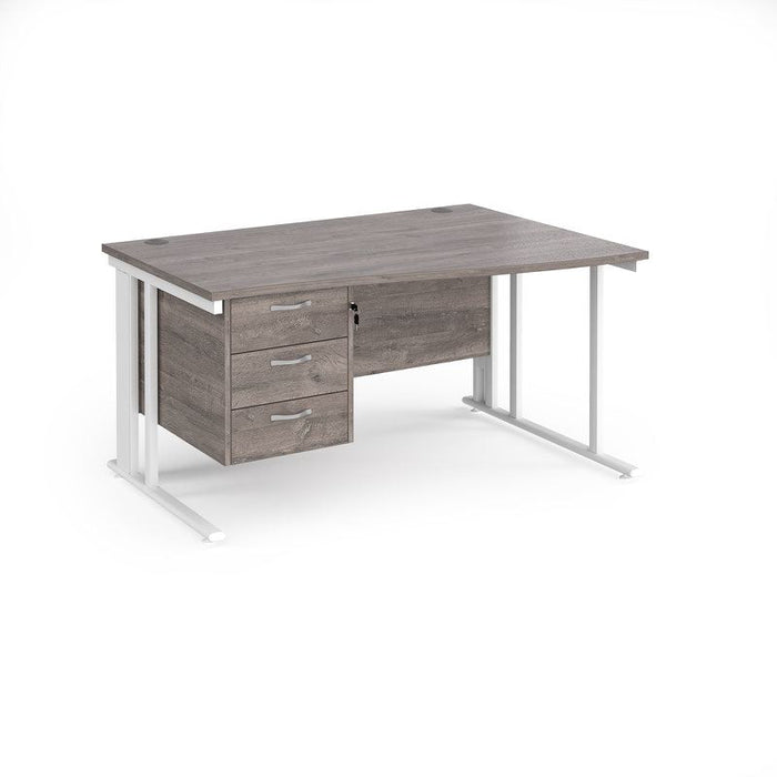 Maestro 25 cable managed leg right hand wave office desk with 3 drawer pedestal Desking Dams Grey Oak White 1400mm x 800-990mm