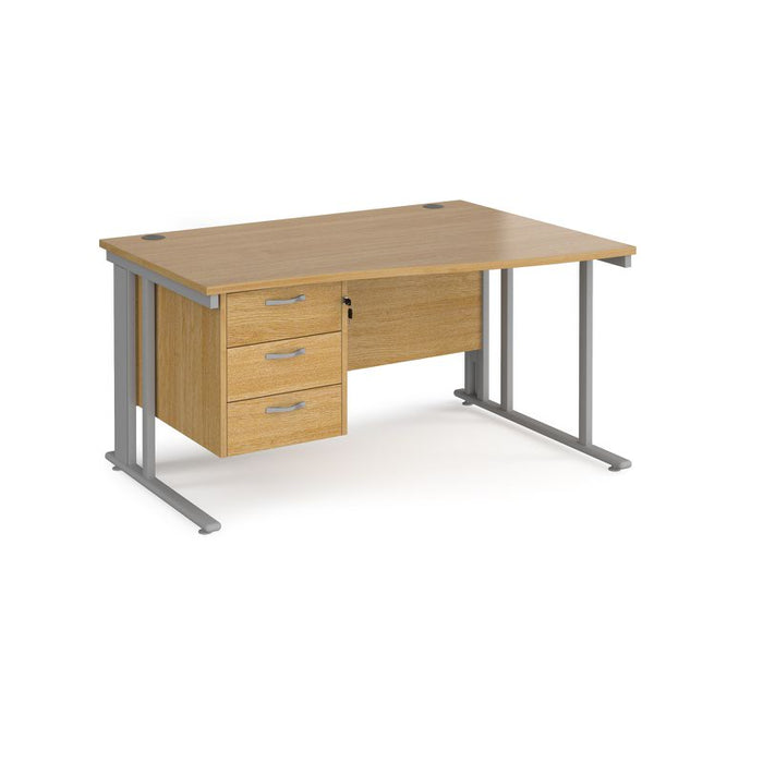 Maestro 25 cable managed leg right hand wave office desk with 3 drawer pedestal Desking Dams Oak Silver 1400mm x 800-990mm