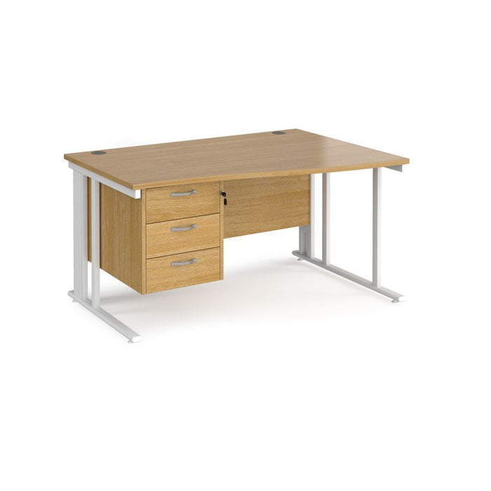 Maestro 25 cable managed leg right hand wave office desk with 3 drawer pedestal Desking Dams Oak White 1400mm x 800-990mm