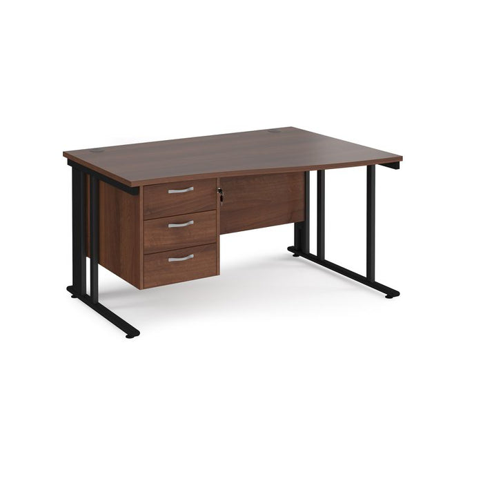 Maestro 25 cable managed leg right hand wave office desk with 3 drawer pedestal Desking Dams Walnut Black 1400mm x 800-990mm
