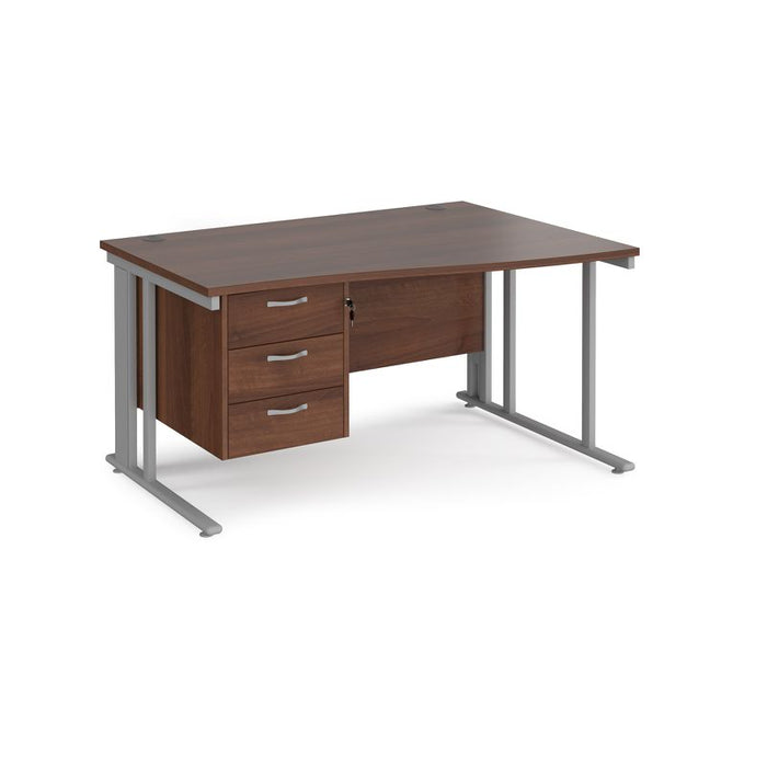 Maestro 25 cable managed leg right hand wave office desk with 3 drawer pedestal Desking Dams Walnut Silver 1400mm x 800-990mm