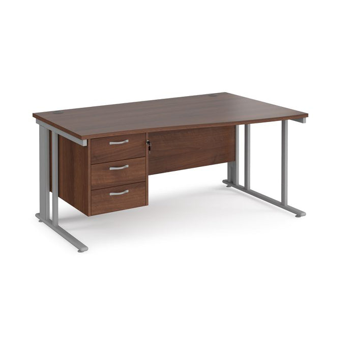 Maestro 25 cable managed leg right hand wave office desk with 3 drawer pedestal Desking Dams Walnut Silver 1600mm x 800-990mm
