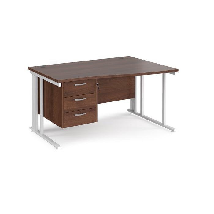 Maestro 25 cable managed leg right hand wave office desk with 3 drawer pedestal Desking Dams Walnut White 1400mm x 800-990mm