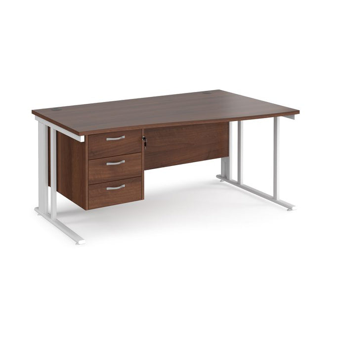 Maestro 25 cable managed leg right hand wave office desk with 3 drawer pedestal Desking Dams Walnut White 1600mm x 800-990mm