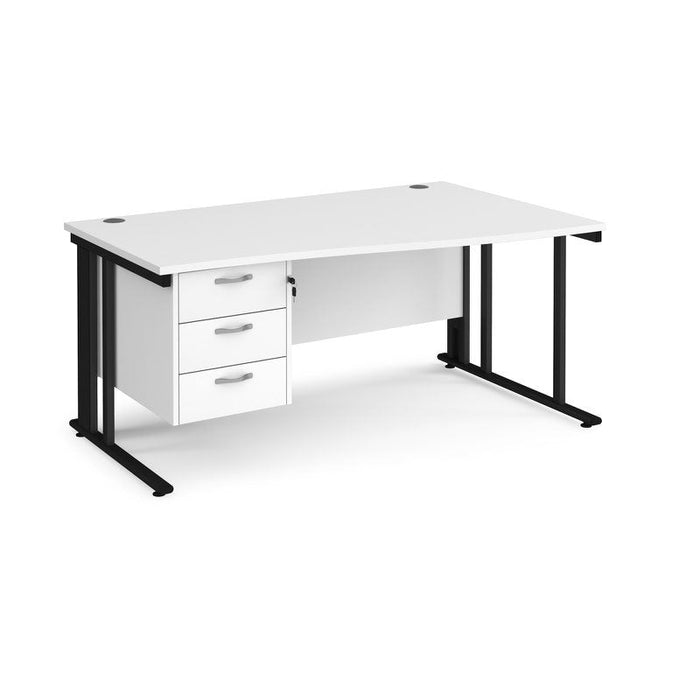 Maestro 25 cable managed leg right hand wave office desk with 3 drawer pedestal Desking Dams White Black 1600mm x 800-990mm
