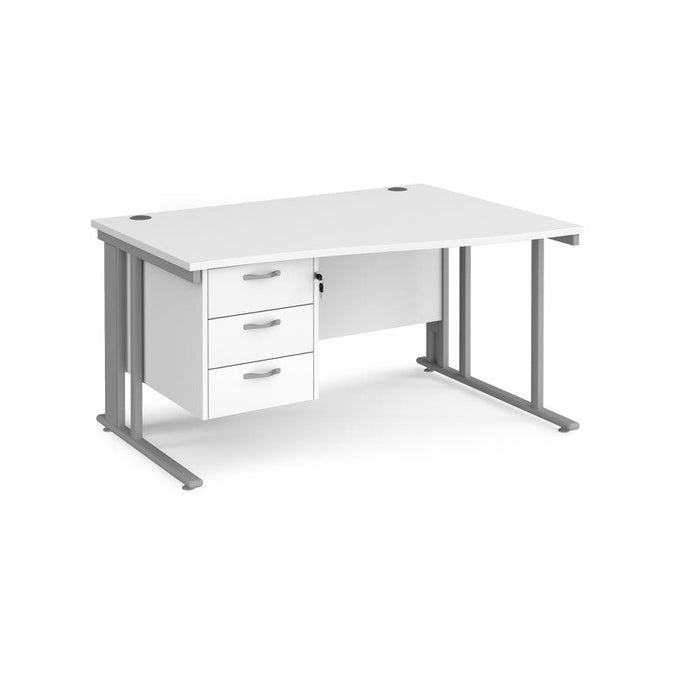 Maestro 25 cable managed leg right hand wave office desk with 3 drawer pedestal Desking Dams White Silver 1400mm x 800-990mm
