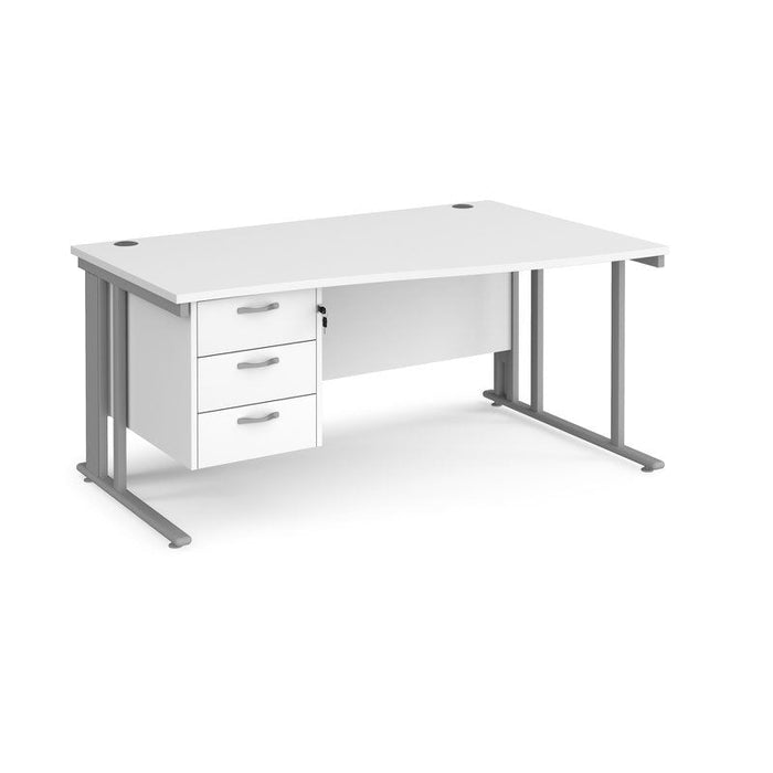 Maestro 25 cable managed leg right hand wave office desk with 3 drawer pedestal Desking Dams White Silver 1600mm x 800-990mm