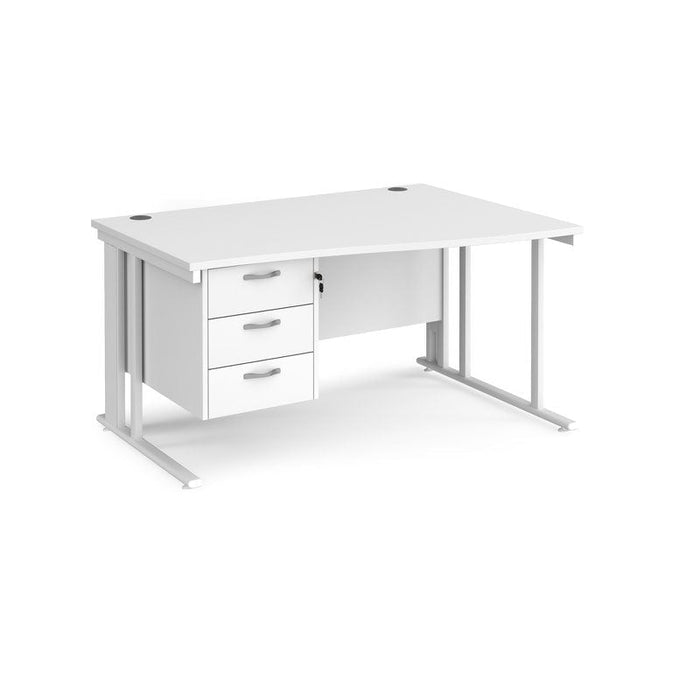 Maestro 25 cable managed leg right hand wave office desk with 3 drawer pedestal Desking Dams White White 1400mm x 800-990mm