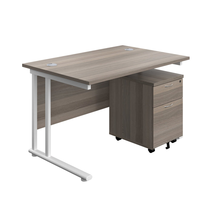 Start Next Day Delivery Cantilever Desk & Two Drawer Pedestal Bundle Rectangular Office Desks TC Group Grey Oak 1200mm x 800mm White
