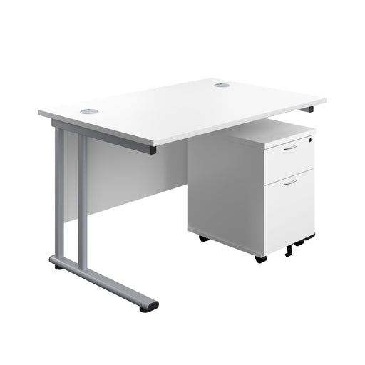 Start Next Day Delivery Cantilever Desk & Two Drawer Pedestal Bundle White Rectangular Office Desks TC Group White 1200mm x 800mm Silver