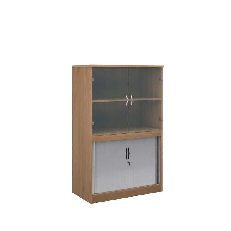 Systems combination unit with tambour doors and glass upper doors 1600mm high with 2 shelves Wooden Storage Dams Beech