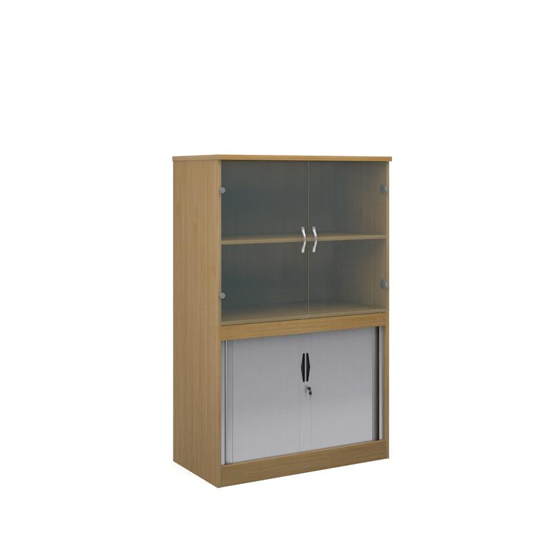Systems combination unit with tambour doors and glass upper doors 1600mm high with 2 shelves Wooden Storage Dams Oak
