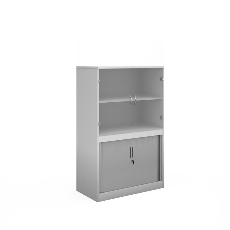 Systems combination unit with tambour doors and glass upper doors 1600mm high with 2 shelves Wooden Storage Dams White
