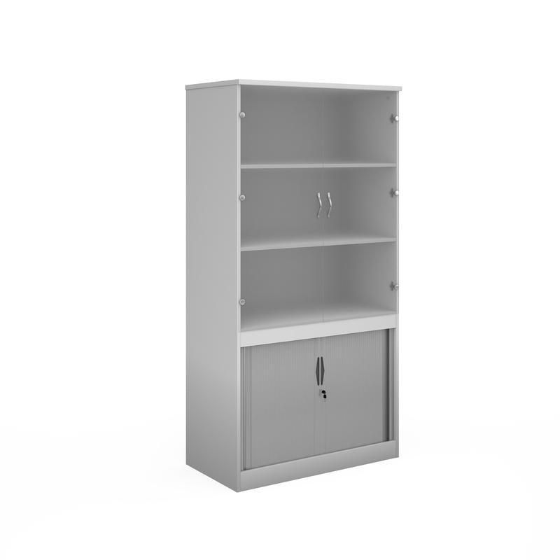Systems combination unit with tambour doors and glass upper doors 2000mm high with 2 shelves Wooden Storage Dams White