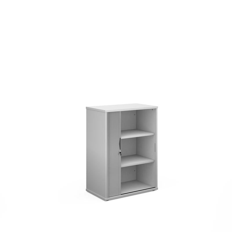 Universal single door tambour cupboard 1090mm high with 2 shelves Wooden Storage Dams White