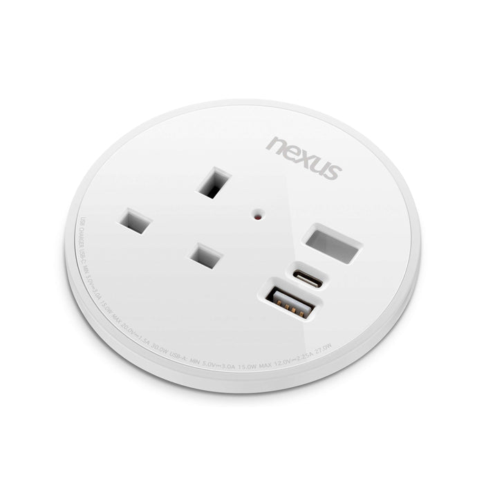 Circular In-Desk Power Module + 3 Metre Mains Cable Bundle Furniture>Accessories>Accessories>Nexus TC Group 1 Outlet 30W USB-C, 27W USB-A Black Housing/Silver Bezel/Grey Veneer