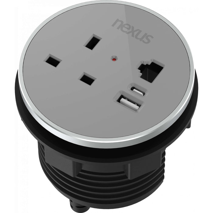 Circular In-Desk Power Module + 3 Metre Mains Cable Bundle Furniture>Accessories>Accessories>Nexus TC Group 1 Outlet 30W USB-C, 27W USB-A, RJ45 Blank Black Housing/Silver Bezel/Grey Veneer