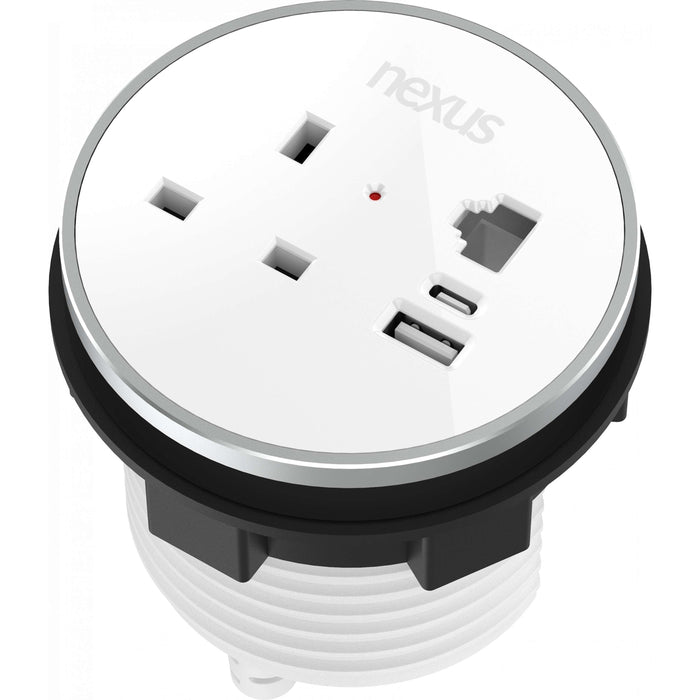 Circular In-Desk Power Module + 3 Metre Mains Cable Bundle Furniture>Accessories>Accessories>Nexus TC Group 1 Outlet 30W USB-C, 27W USB-A, RJ45 Blank White Housing/Silver Bezel/White Veneer