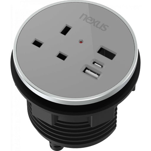 Circular In-Desk Power Module + 3 Metre Mains Cable Bundle Furniture>Accessories>Accessories>Nexus TC Group 1 Outlet 30W USB-C, 27W USB-A, USB-A Blank Black Housing/Silver Bezel/Grey Veneer