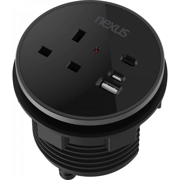 Circular In-Desk Power Module + 3 Metre Mains Cable Bundle Furniture>Accessories>Accessories>Nexus TC Group 1 Outlet 30W USB-C, 27W USB-A, USB-C Blank Black Housing/Black Bezel/Black Veneer