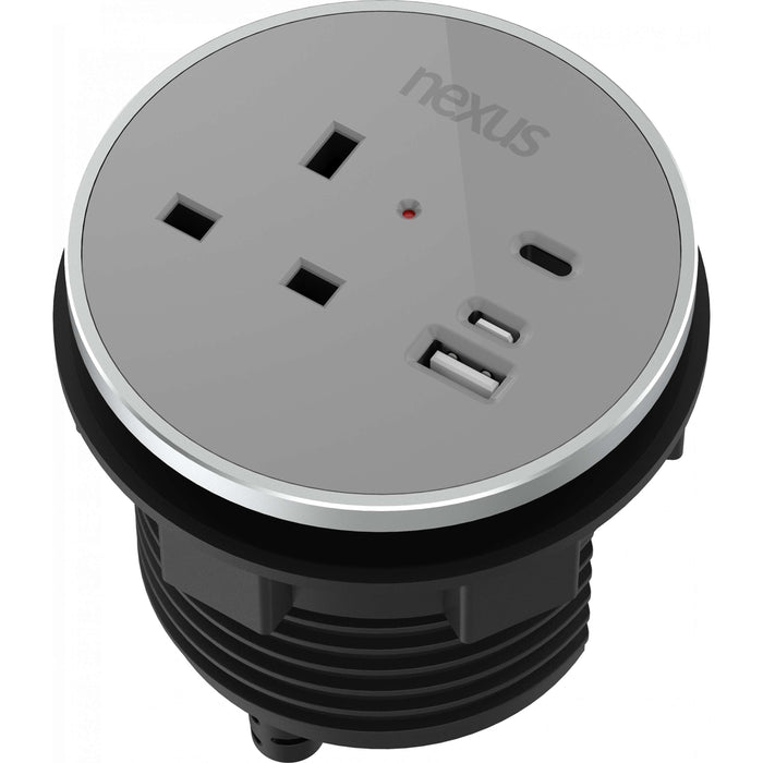 Circular In-Desk Power Module + 3 Metre Mains Cable Bundle Furniture>Accessories>Accessories>Nexus TC Group 1 Outlet 30W USB-C, 27W USB-A, USB-C Blank Black Housing/Silver Bezel/Grey Veneer