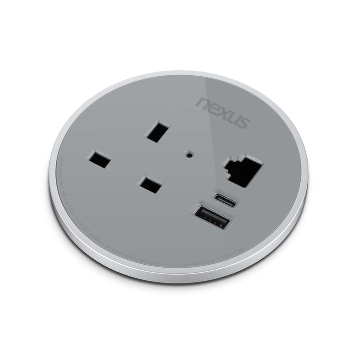 Circular In-Desk Power Module + 3 Metre Mains Cable Bundle Furniture>Accessories>Accessories>Nexus TC Group 1 Outlet 30W USB-C, 27W USB-A White Housing/White Bezel/White Veneer