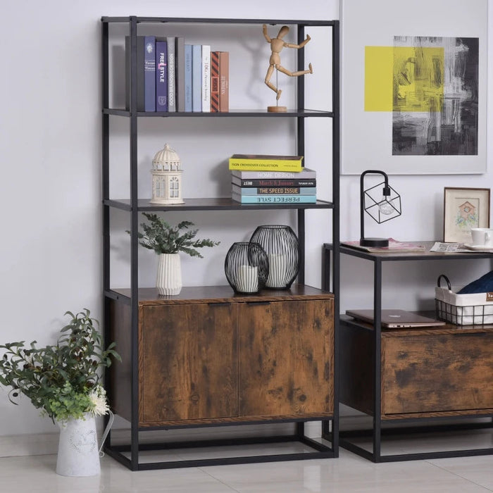 HOMCOM Industrial Bookcase Shelf BOOKCASES AOSOM Brown Open & Cupboard 