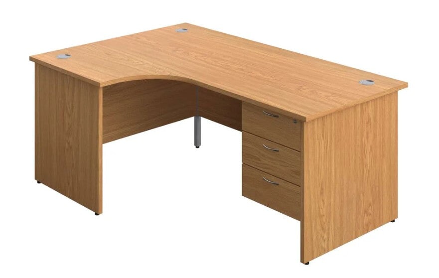 Left Handed Panel Ended Desk & 3 Drawer Fixed Pedestal Bundle Desks TC Group Oak 1600mm x 1200mm 