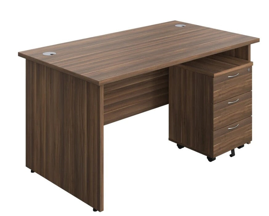 Panel Ended Rectangular Desk & 3 Drawer Pedestal Bundle Desks TC Group Dark Walnut 1400mm x 600mm 
